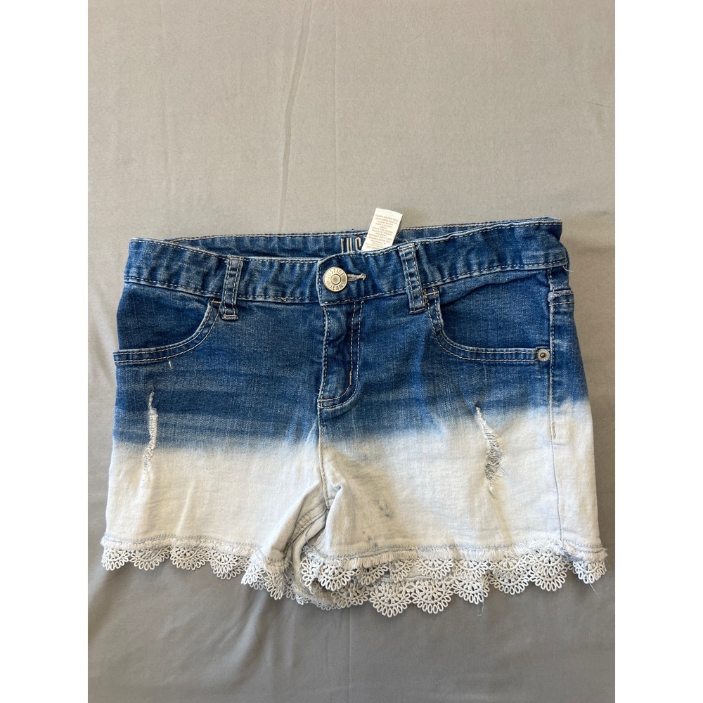Justice Girls Blue White Ombre Denim Shorts Lace Trim Distressed Size 14